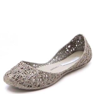 Melissa & Campana Zig Zag Caged Jelly Silver Grey Sparkly Glitter Ballet Flats 7